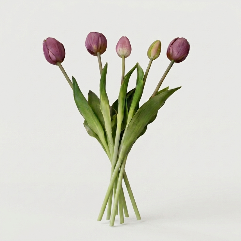 Faux silicone tulip stems in purple and cream on white background