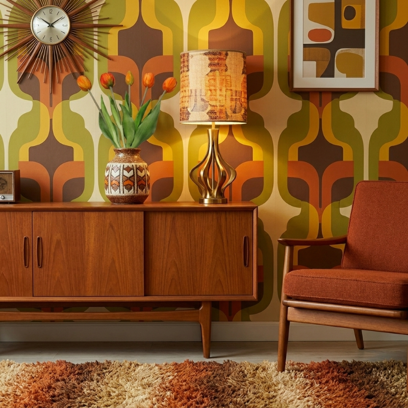 Faux silicone tulips in mixed colors styled in retro interior