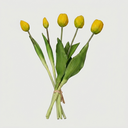 Faux silicone tulip stems in yellow on white background