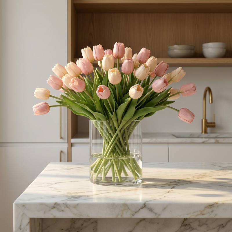 Faux silicone tulips in soft pink bouquet on kitchen counter