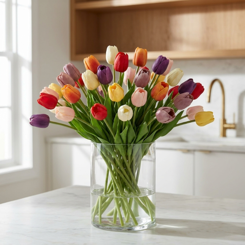 Faux silicone tulips in multicolor bouquet arranged in clear glass vase