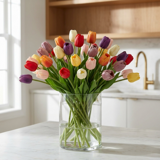 Faux silicone tulips in multicolor bouquet arranged in clear glass vase