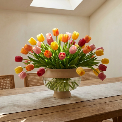 Faux silicone tulips in orange bouquet on wooden table