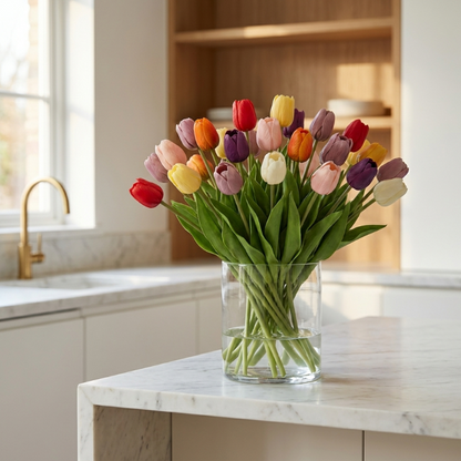 Faux silicone tulips in rainbow bouquet on kitchen island