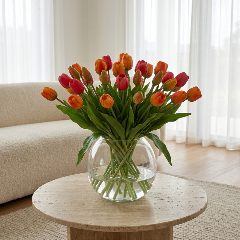 Faux silicone tulips in orange bouquet on round table