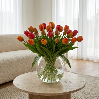Faux silicone tulips in orange bouquet on round table