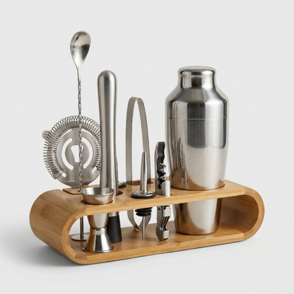 10-piece cocktail bar tool set in silver finish with wooden stand