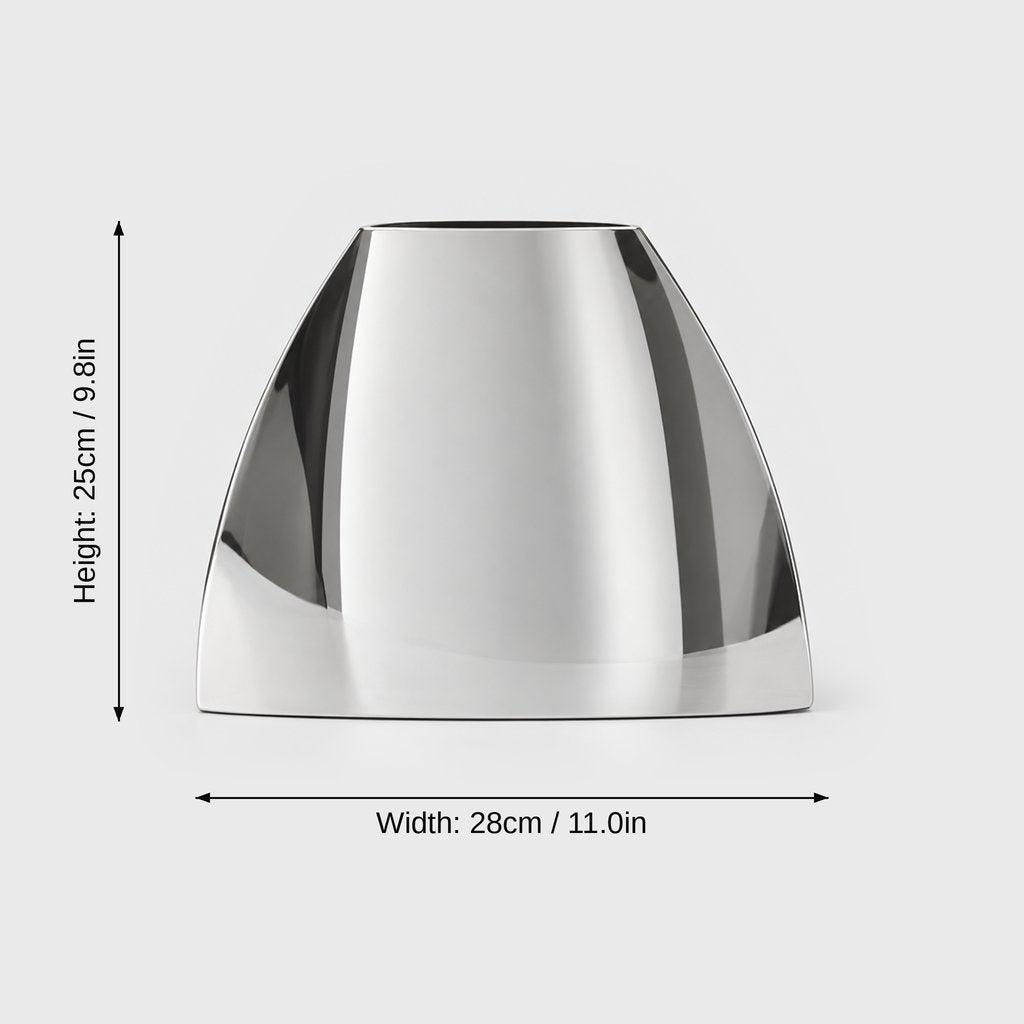 Large mirror silver arched vase on a light grey background with dimensions labeled Height 25 cm or 9.8 in and Width 28 cm or 11.0 in