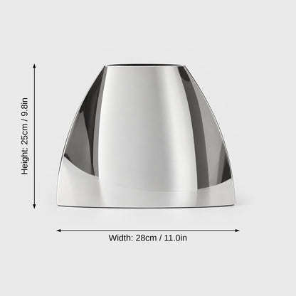 Large mirror silver arched vase on a light grey background with dimensions labeled Height 25 cm or 9.8 in and Width 28 cm or 11.0 in