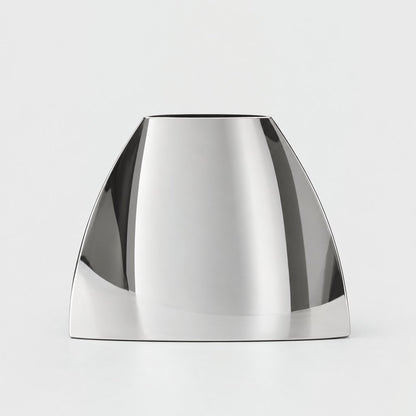 Large polished mirror silver arched vase with a wide tapered dome shape on a light grey background