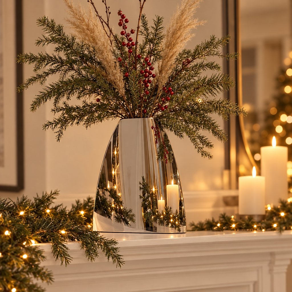 Large mirror silver arched vase with evergreen sprigs, red berries and pampas on a white mantel with lit white candles, a garland and a Christmas tree reflected in a mirror