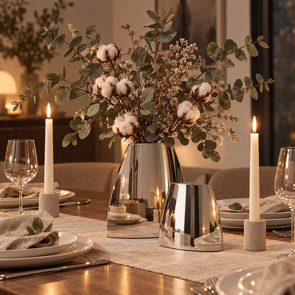 Large mirror silver arched vase with cotton stems, eucalyptus and dried sprays and a smaller silver vase on a linen table runner with lit white taper candles, wine glasses and plates