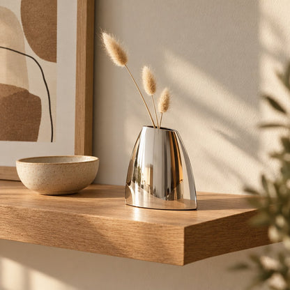 Small mirror silver arched vase with three bunny tail stems on a light oak floating shelf beside a speckled stone bowl and framed abstract art