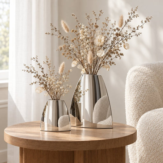 Small and large polished mirror silver arched vases with dried bunny tail grass and spray stems on a round light oak side table beside a boucle armchair and sheer curtained window