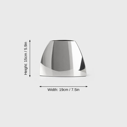 Small mirror silver arched vase on a light grey background with dimensions labeled Height 15 cm or 5.9 in and Width 19 cm or 7.5 in