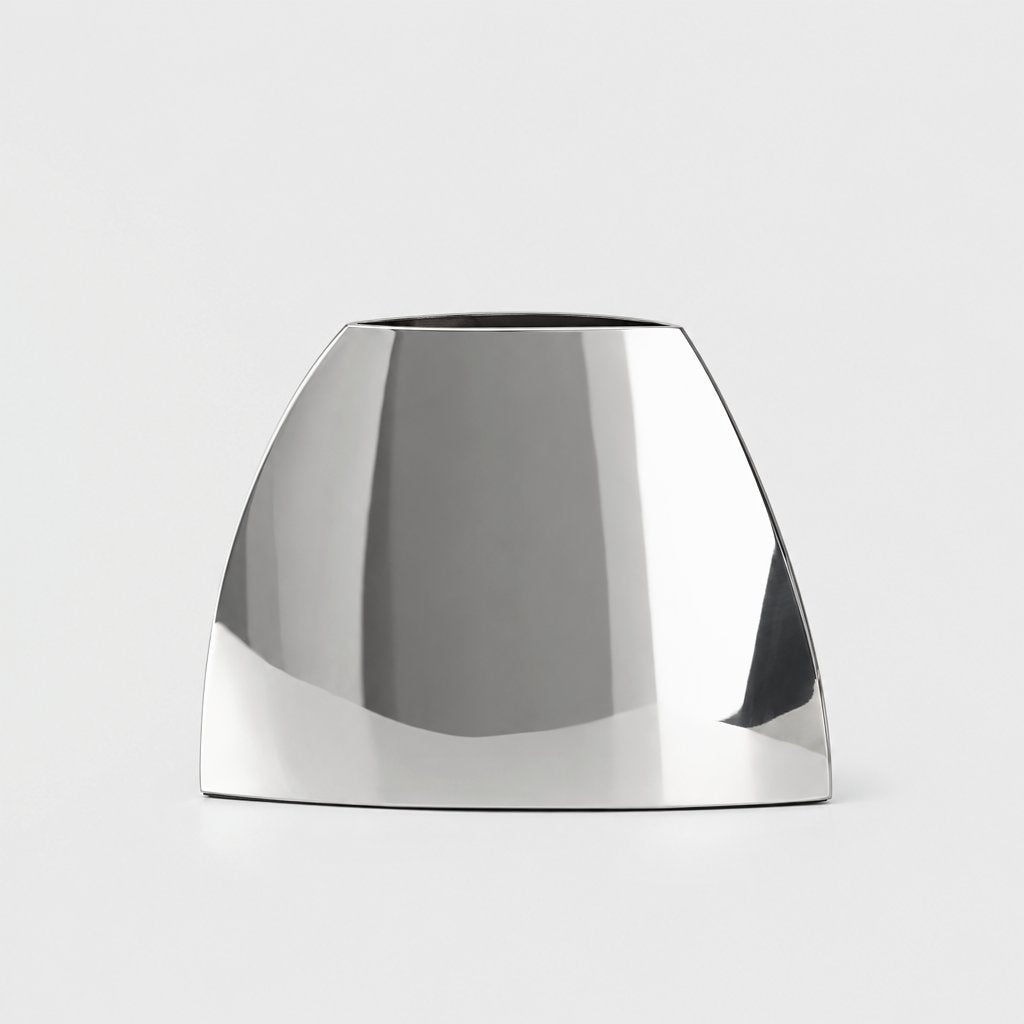 Small polished mirror silver arched vase with a wide tapered dome shape on a light grey background