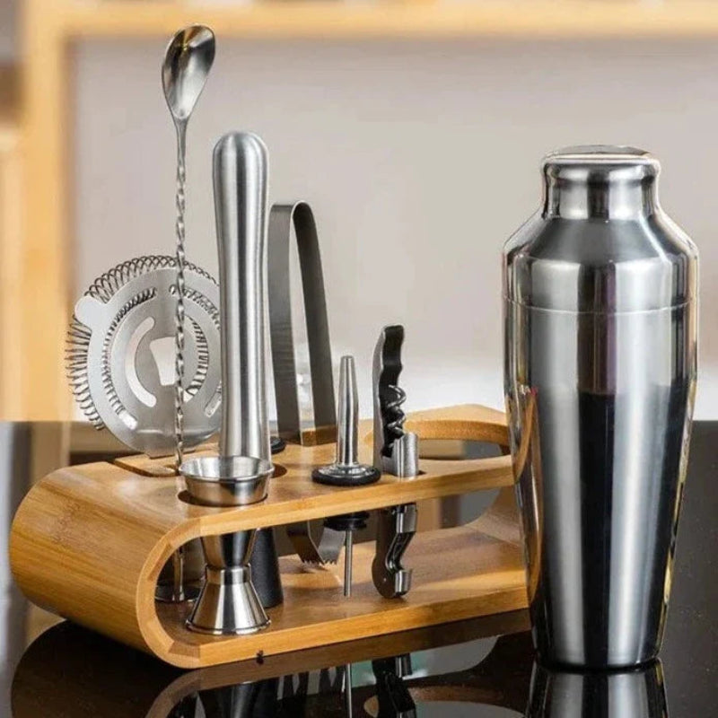 Silver cocktail bar set shown on a countertop.