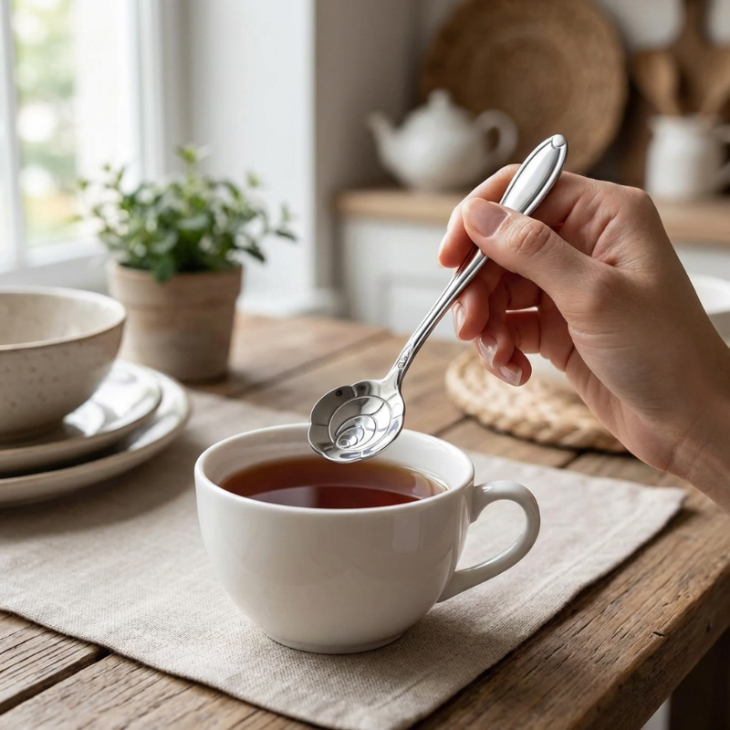 Person using a silver spoon to stir tea in a white mug on a wooden table.