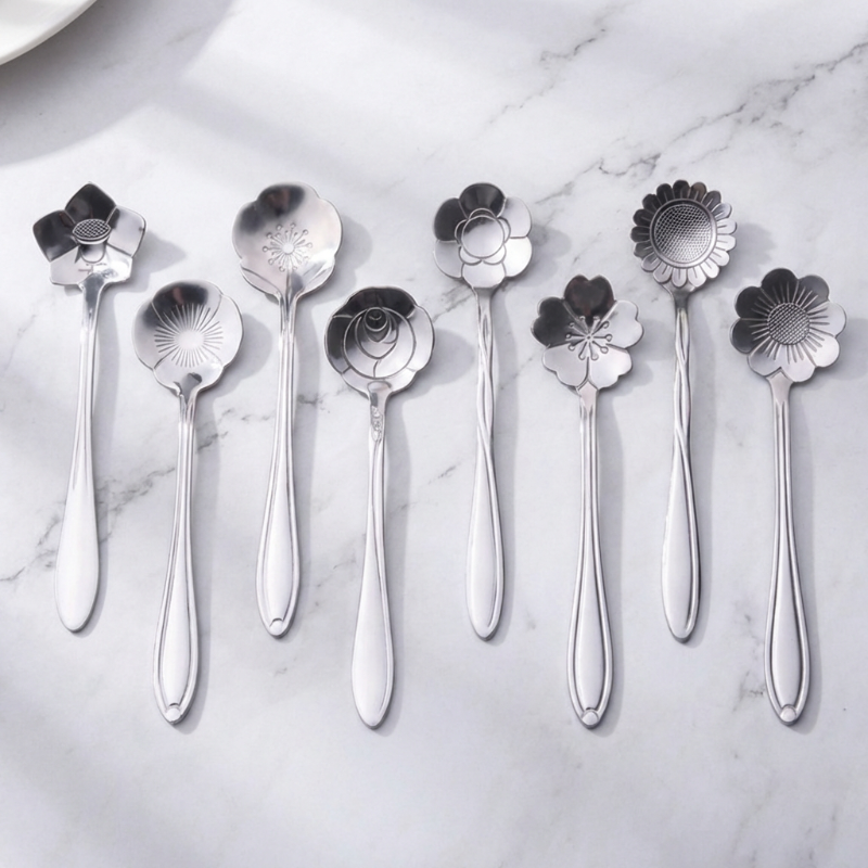Set of silver spoons with floral ends on a marble surface