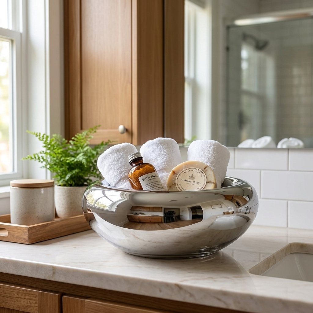 Silver glass bowl on a marble bathroom counter holding rolled white towels, a bar of soap, and a bottle of bath salts