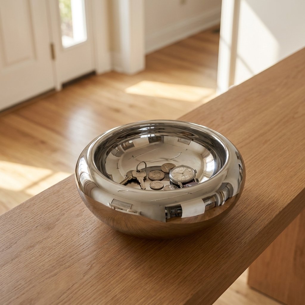 Silver glass catchall bowl on a wooden entryway console holding keys, coins, and a watch