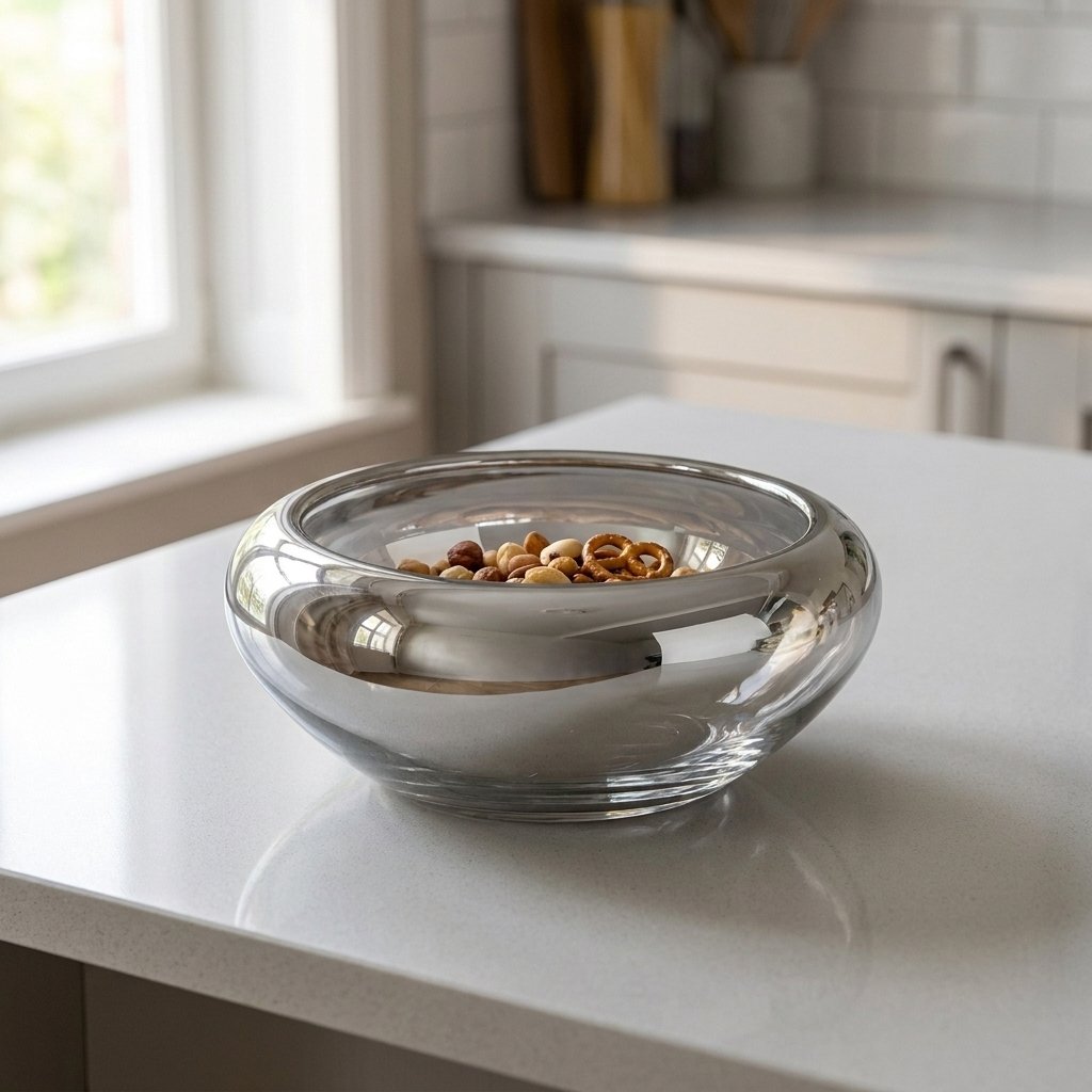 Silver glass bowl on a kitchen counter filled with mixed nuts and cereal rings, near a sunlit window