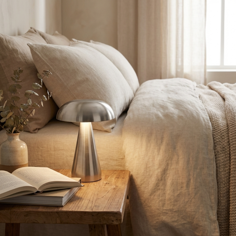 Metallic mushroom table lamp in silver on bedside table with soft bedding