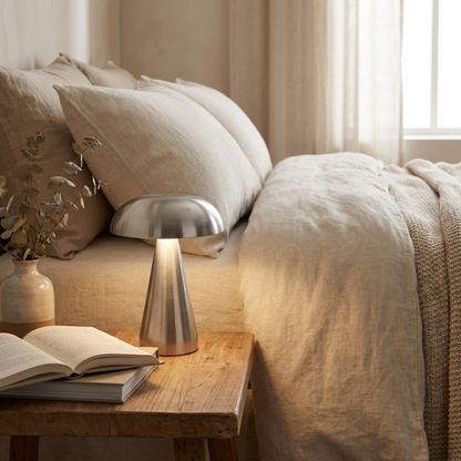 Metallic mushroom table lamp in silver on bedside table with soft bedding