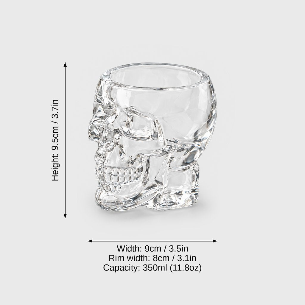 Large clear glass skull glass on a light gray background with dimension labels: height 9.5 cm or 3.7 in, width 9 cm or 3.5 in, rim width 8 cm or 3.1 in, capacity 350 ml or 11.8 oz