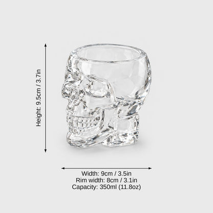 Large clear glass skull glass on a light gray background with dimension labels: height 9.5 cm or 3.7 in, width 9 cm or 3.5 in, rim width 8 cm or 3.1 in, capacity 350 ml or 11.8 oz