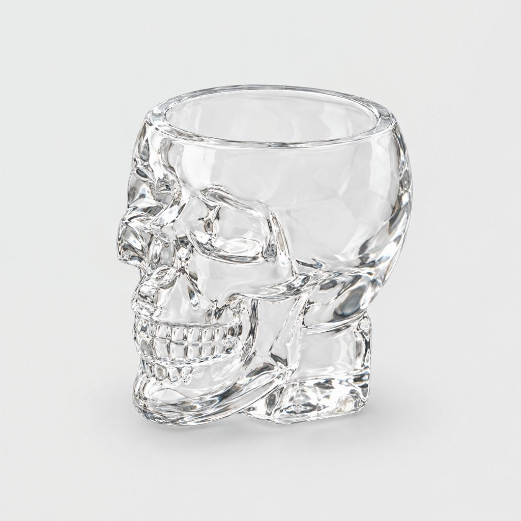 Single empty large clear glass skull glass with a faceted open bowl, molded skull face and thick faceted base, on a plain light gray background
