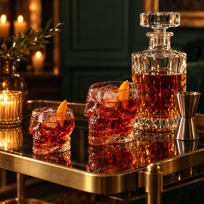Two clear glass skull glasses, a smaller and a larger one, filled with an amber-red drink, ice and orange peel on a brass bar cart with a dark glass top, beside a cut-crystal decanter and a steel jigger