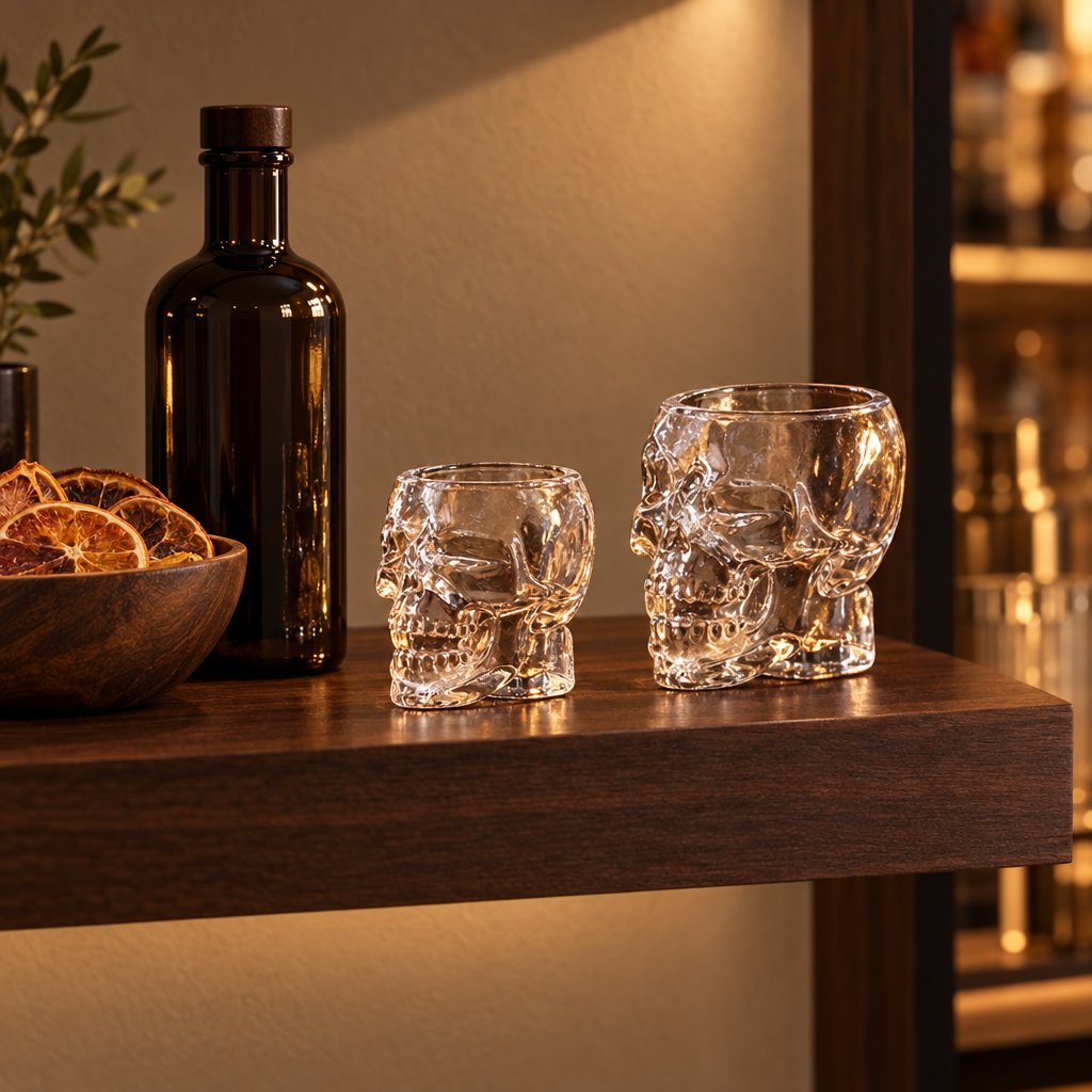 Two empty clear glass skull glasses, a smaller one and a larger one, on a dark walnut floating shelf beside an amber glass bottle and a wooden bowl of dried orange slices