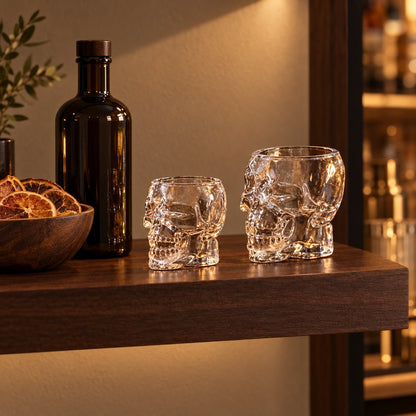 Two empty clear glass skull glasses, a smaller one and a larger one, on a dark walnut floating shelf beside an amber glass bottle and a wooden bowl of dried orange slices