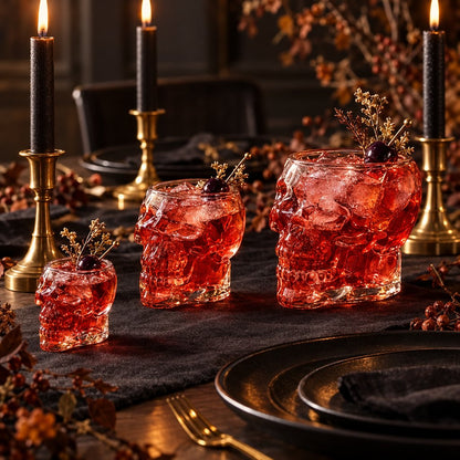 Three clear glass skull glasses in small, medium and large sizes filled with a red drink, ice, a dark cherry and a gold sprig garnish, on a dark runner with black taper candles in brass holders, black plates and autumn branches