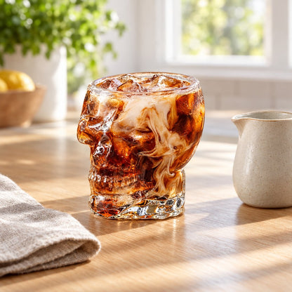Clear glass skull glass filled with iced cold brew coffee with cream swirling through it, on a light wood counter beside a speckled ceramic pitcher and a folded linen cloth near a bright kitchen window
