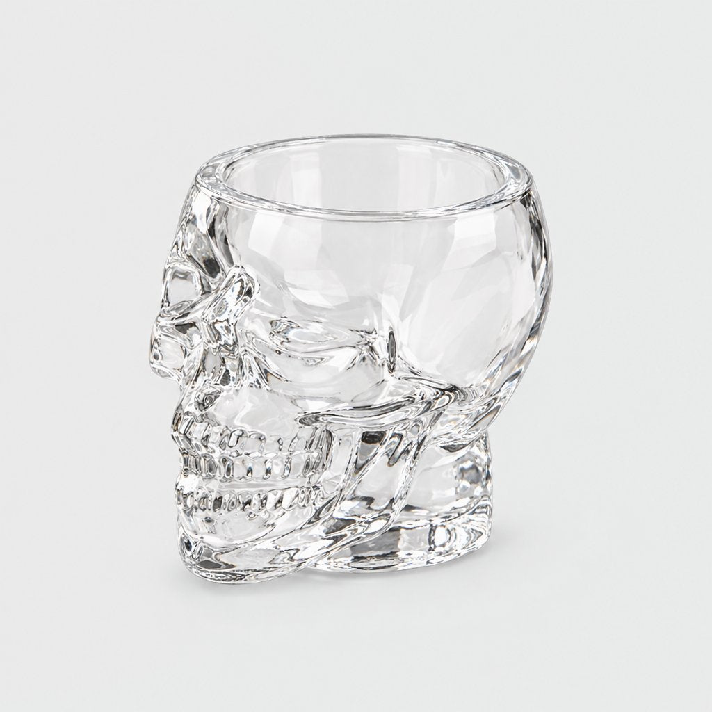 Single empty clear glass skull glass with a molded skull face, open bowl and thick twisted base, on a plain light gray background