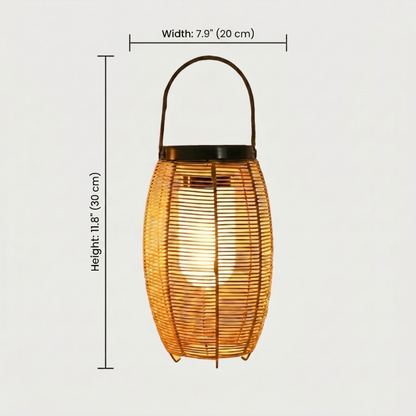 Woven rattan solar floor lantern dimensions graphic on white background