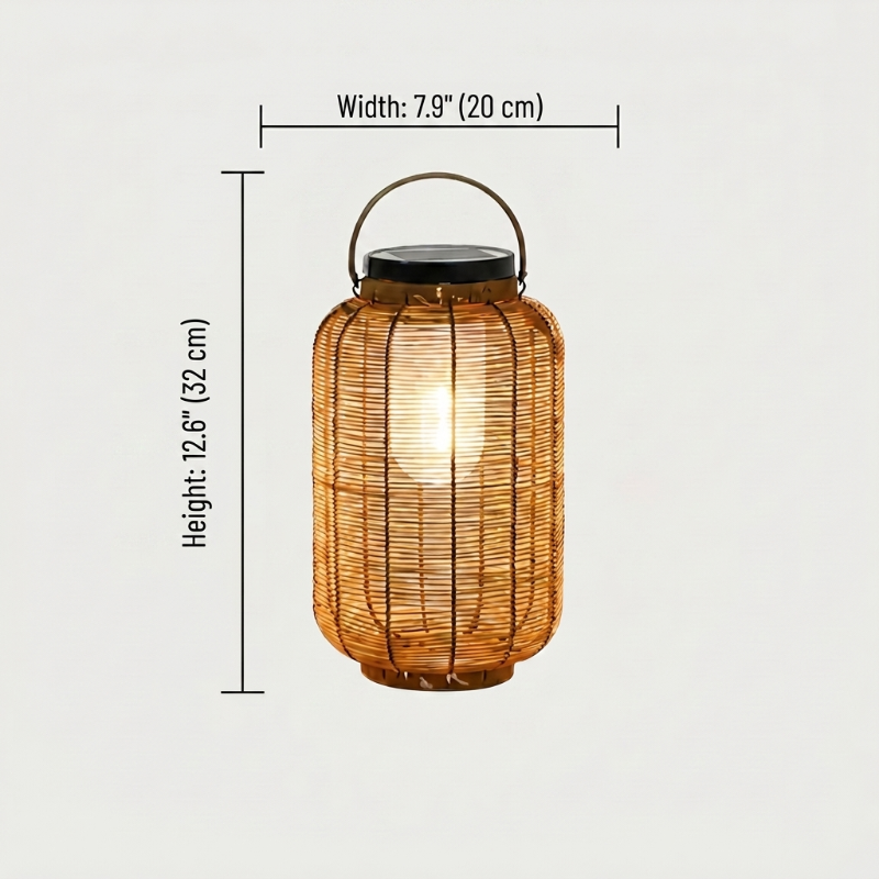 Woven rattan solar floor lantern on white background