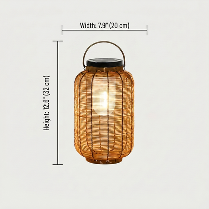 Woven rattan solar floor lantern on white background