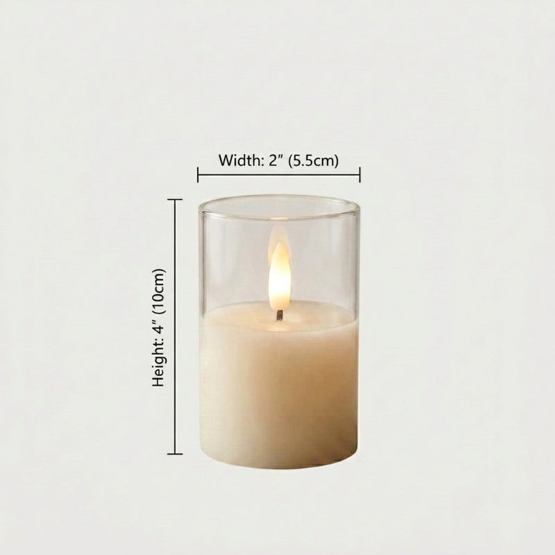 Short clear ivory flameless pillar candle dimensions graphic on white background