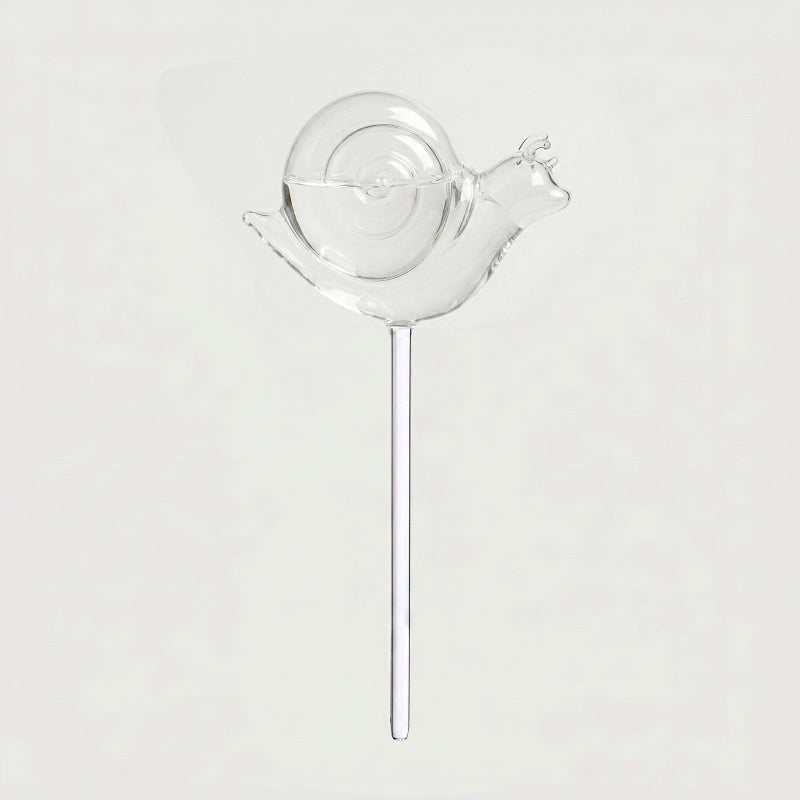 Snail self-watering glass plant vessel on white background