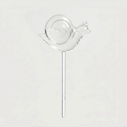 Snail self-watering glass plant vessel on white background