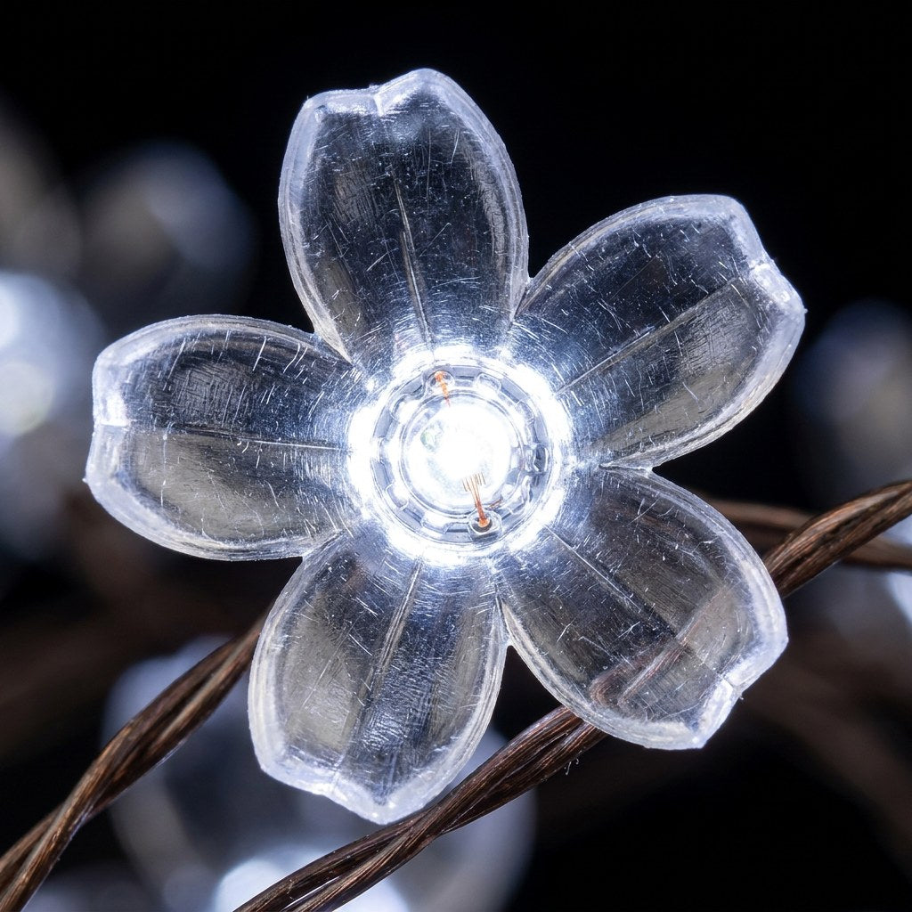 Macro close-up of a single flower-shaped solar string light, Kiyo Home