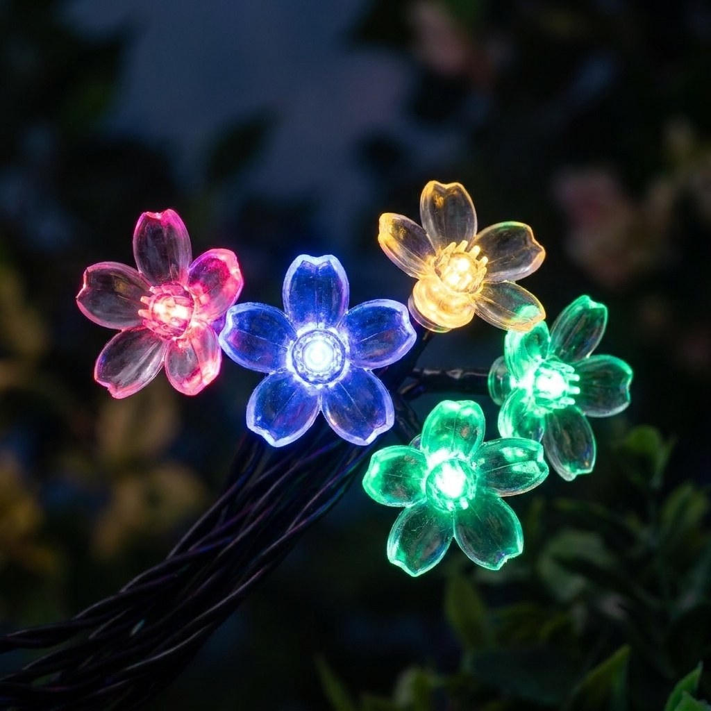 Close-up of multicolor flower-shaped solar string light bulbs, Kiyo Home