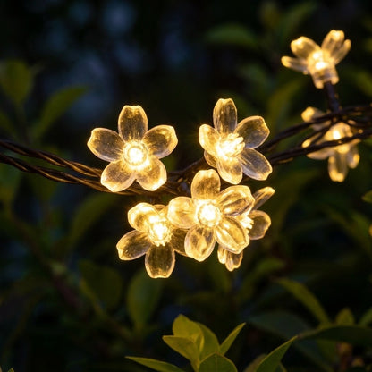 Close-up of warm white flower-shaped solar string light bulbs, Kiyo Home