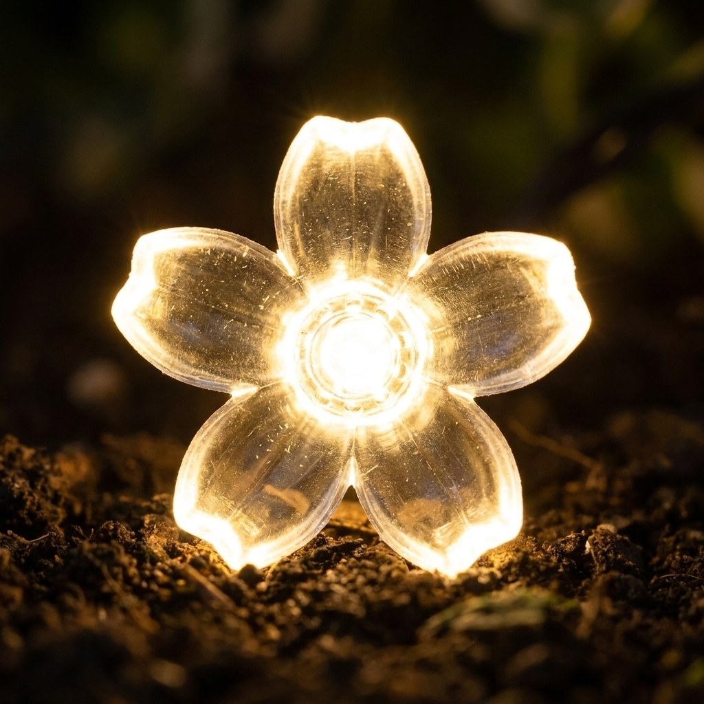 Close-up of a white flower-shaped solar string light bulb, Kiyo Home