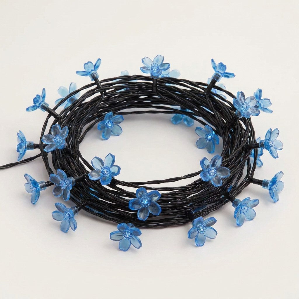 Blue solar blossom flower garden string lights coiled, Kiyo Home
