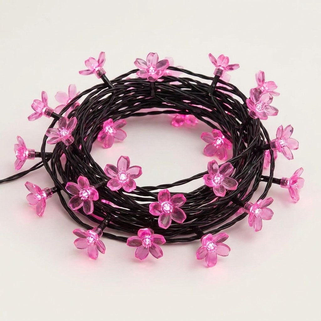 Pink solar blossom flower garden string lights coiled, Kiyo Home