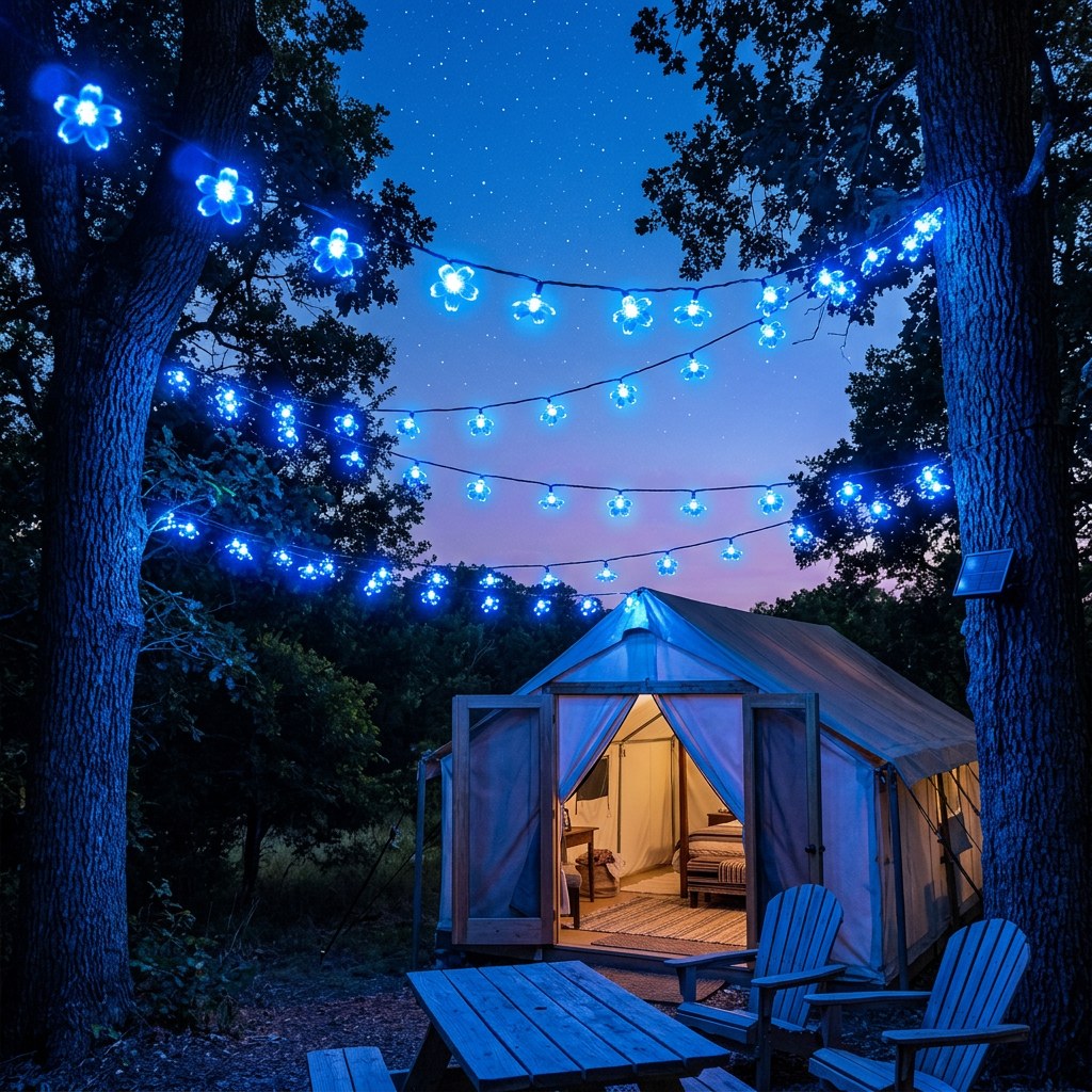 Blue solar blossom string lights strung over an outdoor tent at night, Kiyo Home